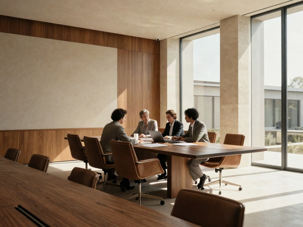 Business leaders discussing strategy in a sunlit contemporary boardroom